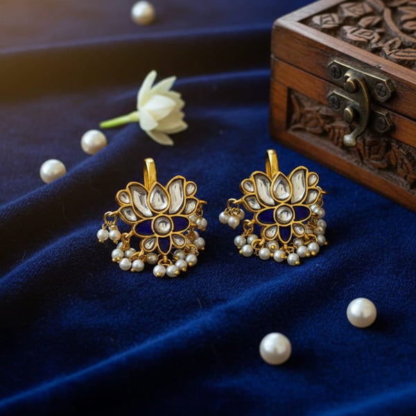 Royal Blue Kundan Floral Bugadi Earrings with Pearl Drops